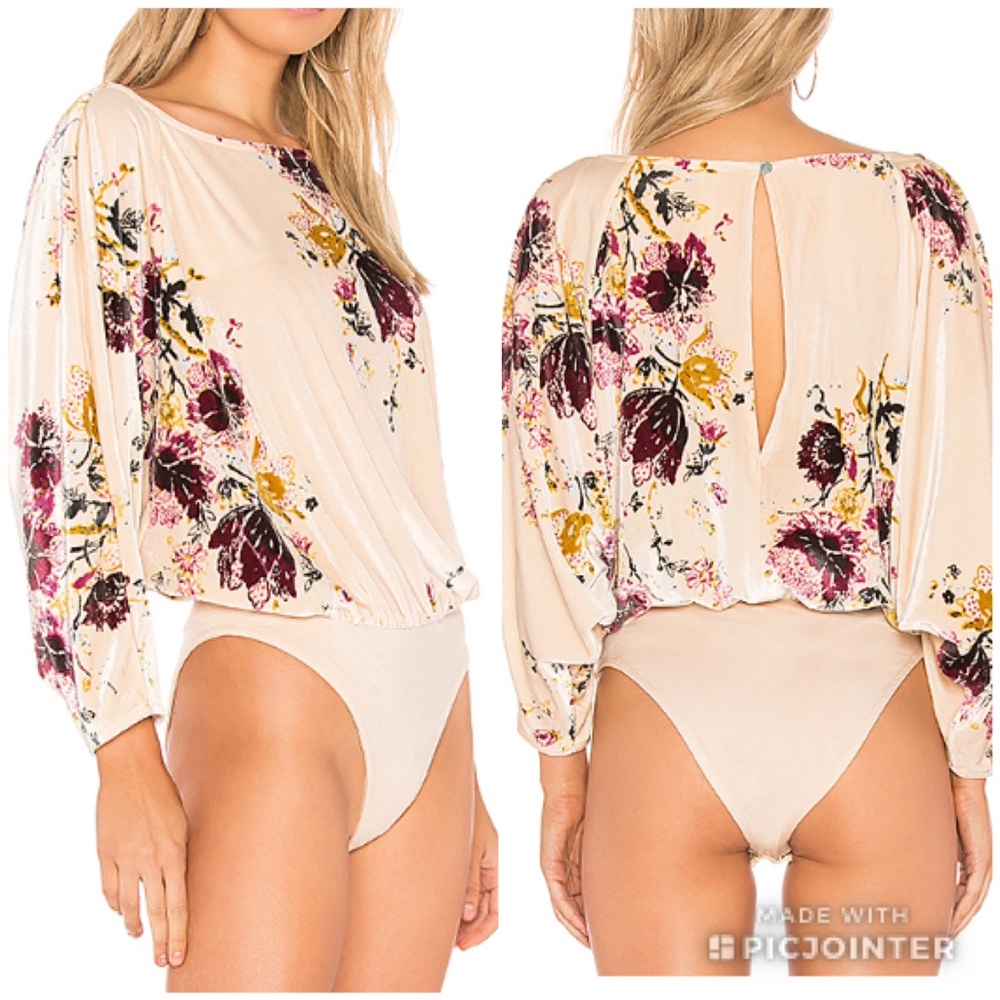 Free People Cream Floral Blouson Bodysuit with Burgundy & Mustard